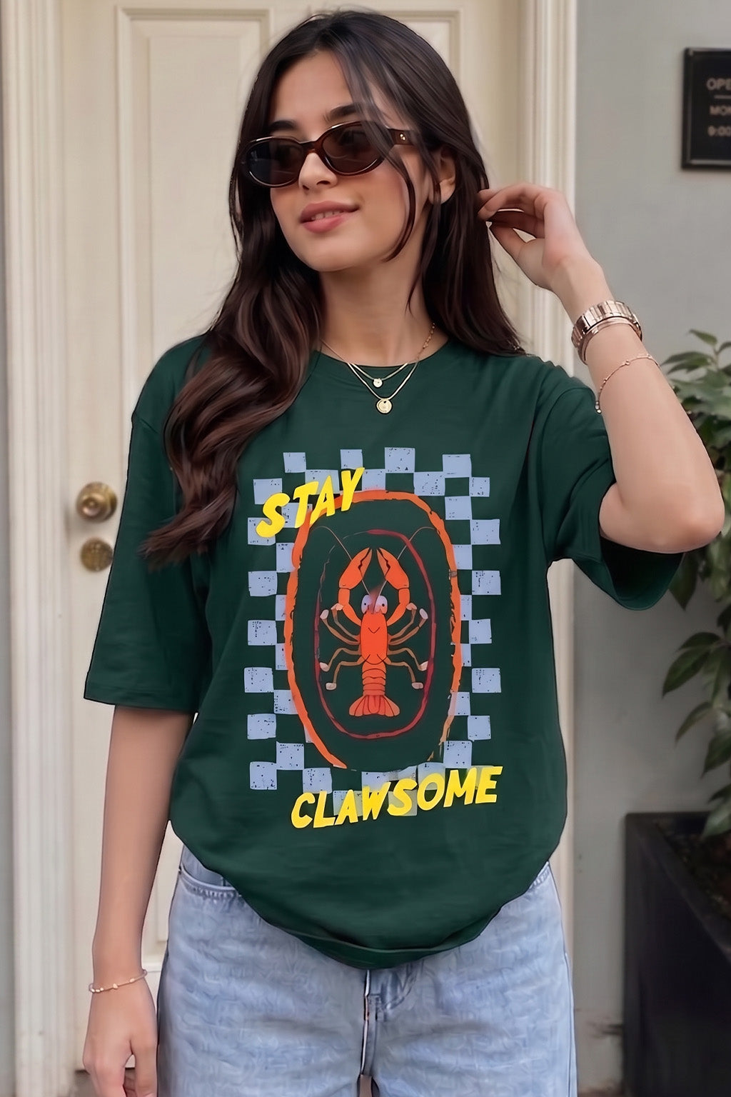 Stay Clawsome Green Oversized Graphic Printed T-Shirt