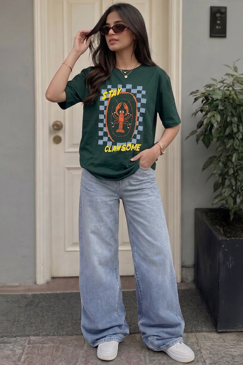 Stay Clawsome Green Oversized Graphic Printed T-Shirt