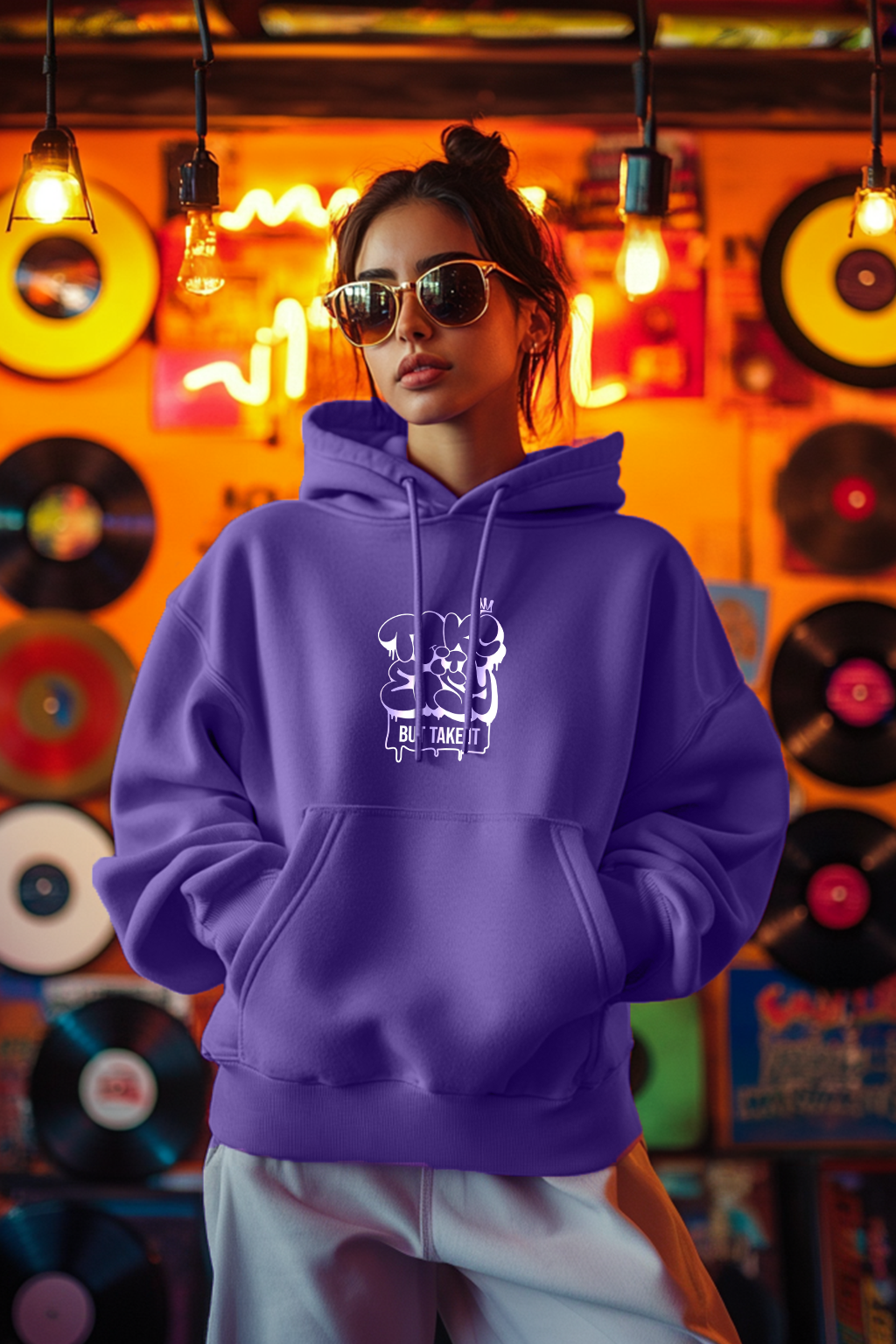 Take It Easy Typographic Printed Purple Oversized Hoodie