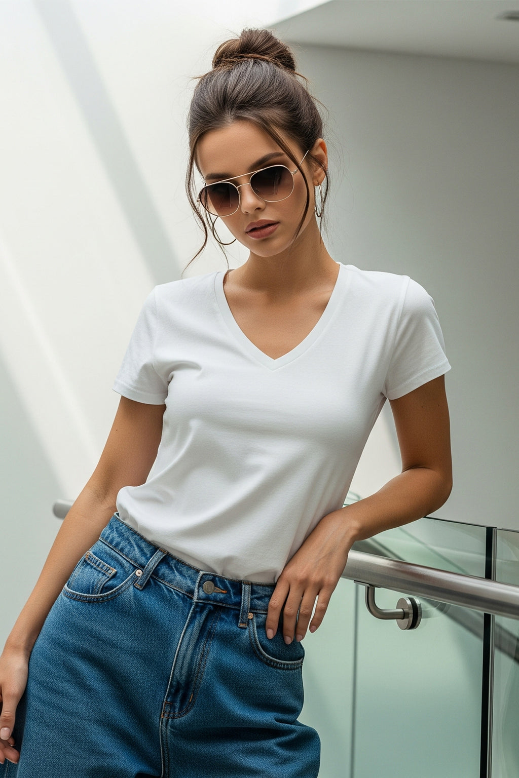 White Plain V-Neck Regular Fit T-Shirt