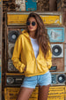 Plain Hooded Regular Fit Yellow Zipper Jacket