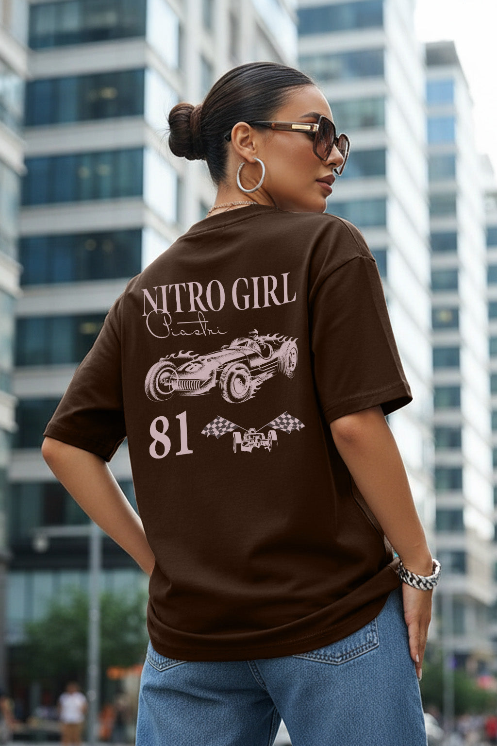 Nitro Girl Brown Oversized Printed T-Shirt
