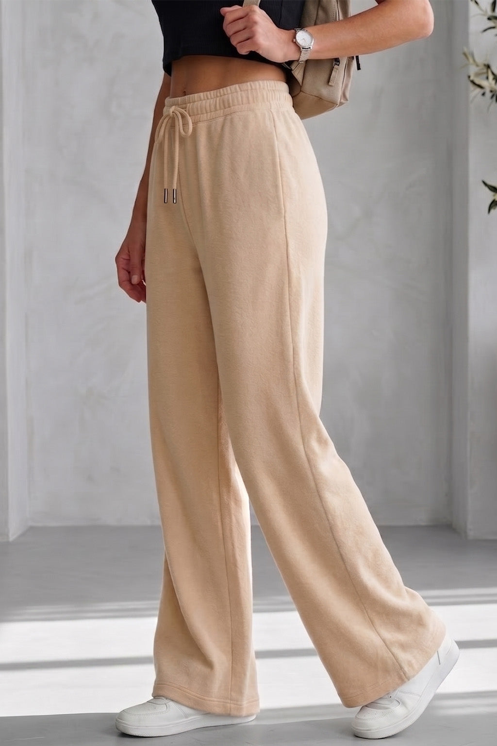 Beige Plain Wide Leg Track pant