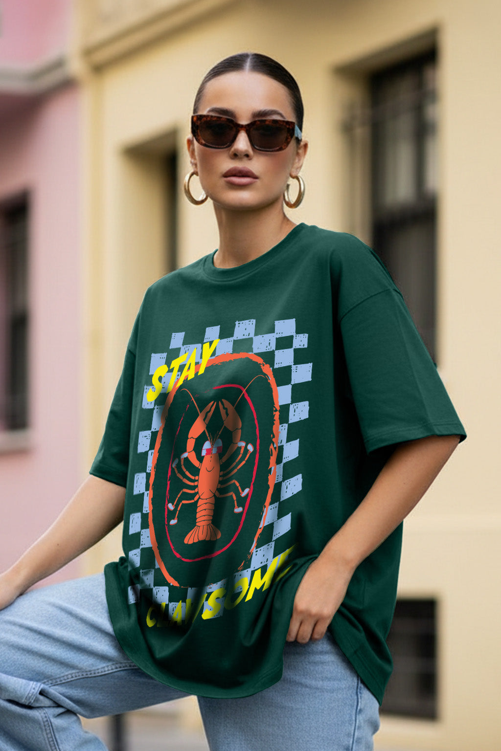 Stay Clawsome Green Oversized Graphic Printed T-Shirt
