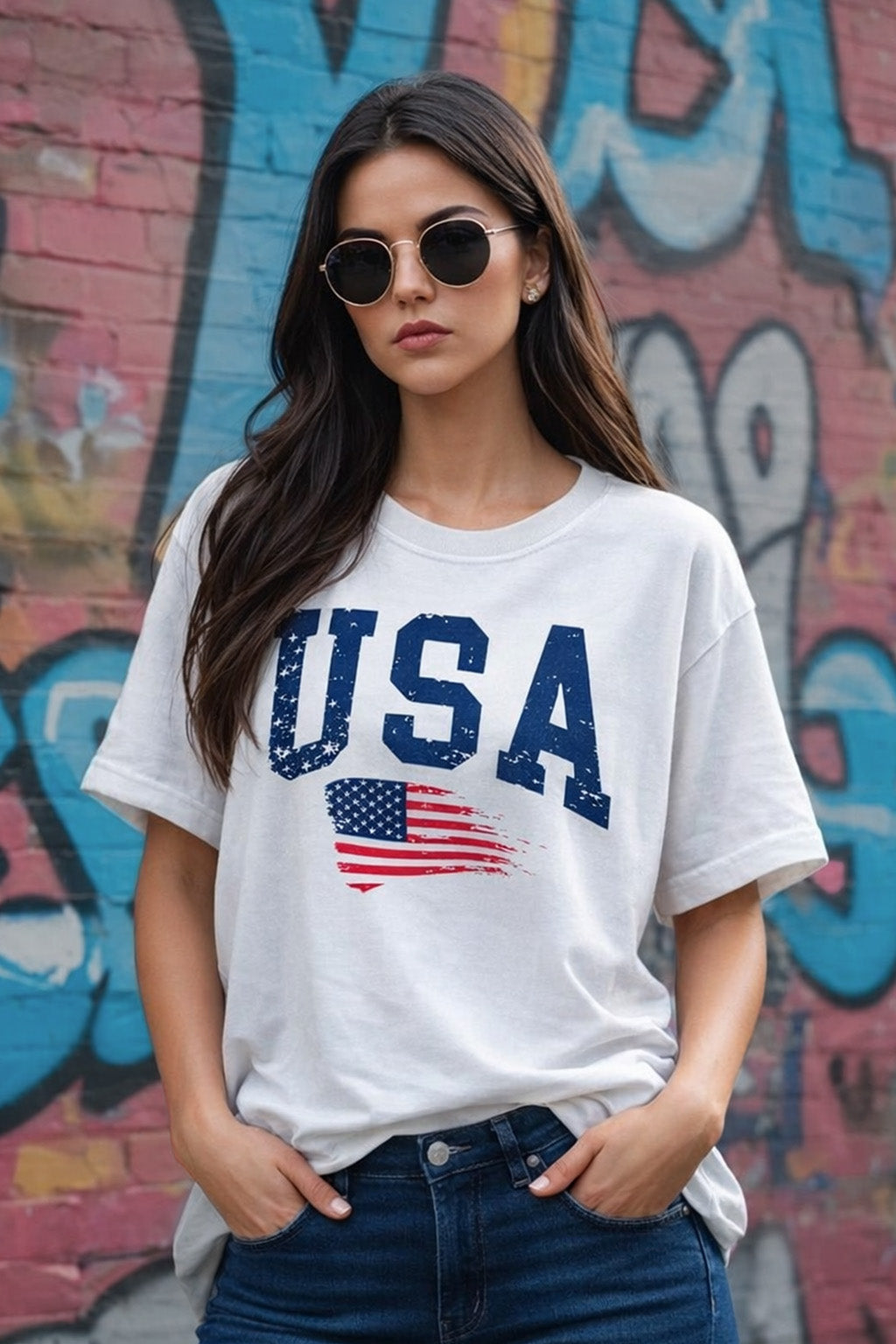 USA White Graphic Printed Oversized T-Shirt