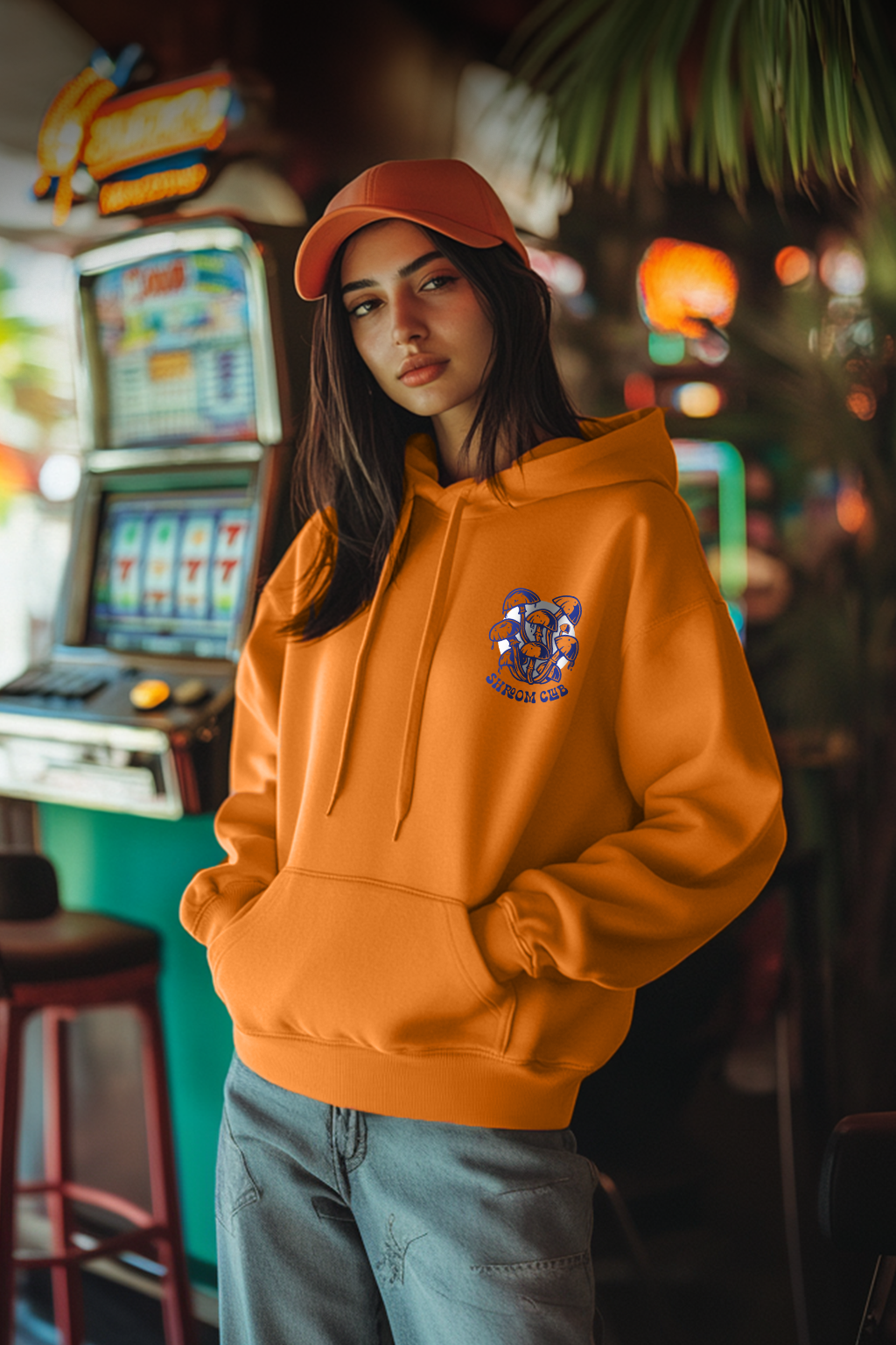 Mushroom Club Graphic Printed Orange Oversized Hoodie