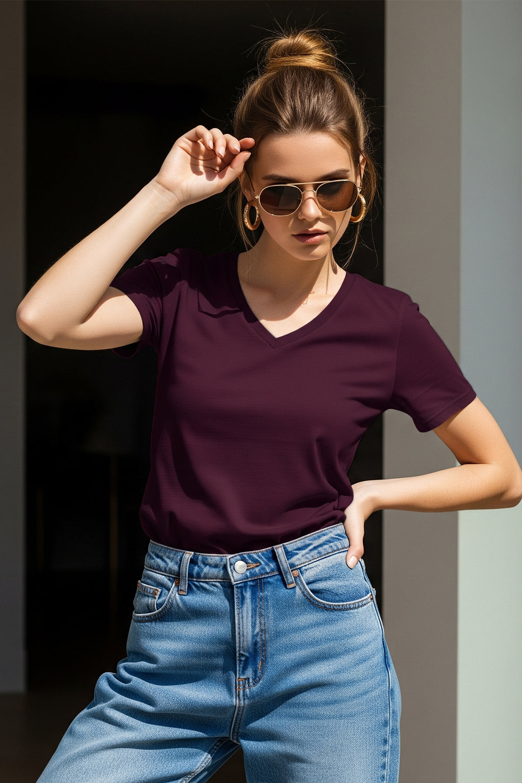 Wine Plain V-Neck Regular Fit T-Shirt