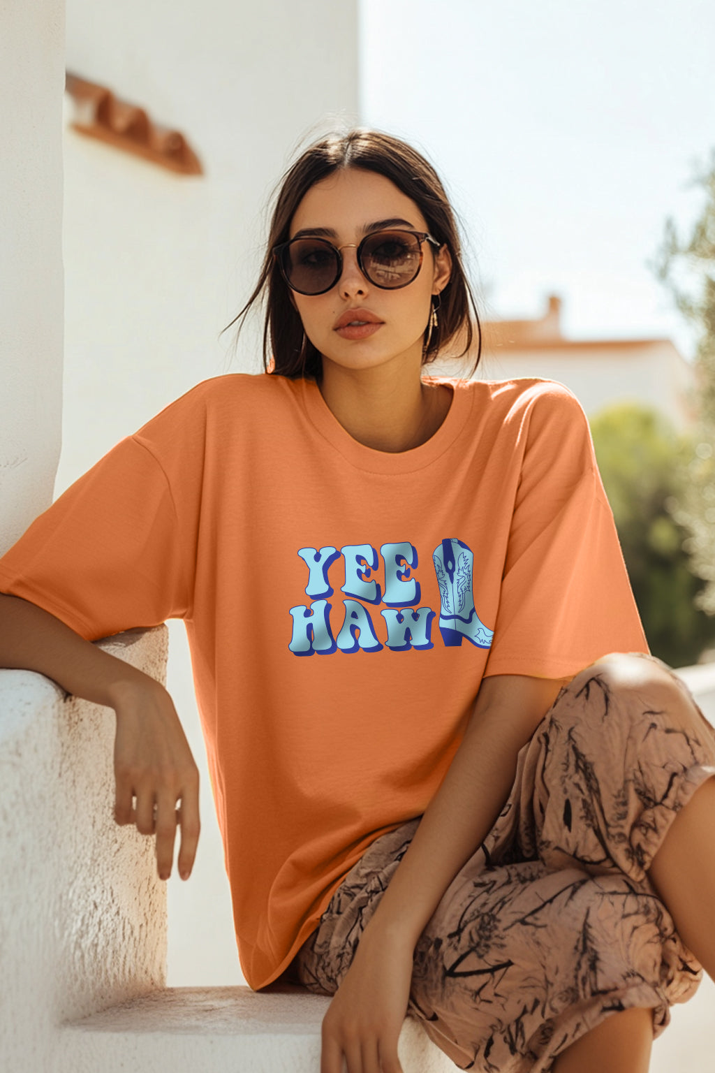 Yee Haw Orange Oversized Graphic T-Shirt
