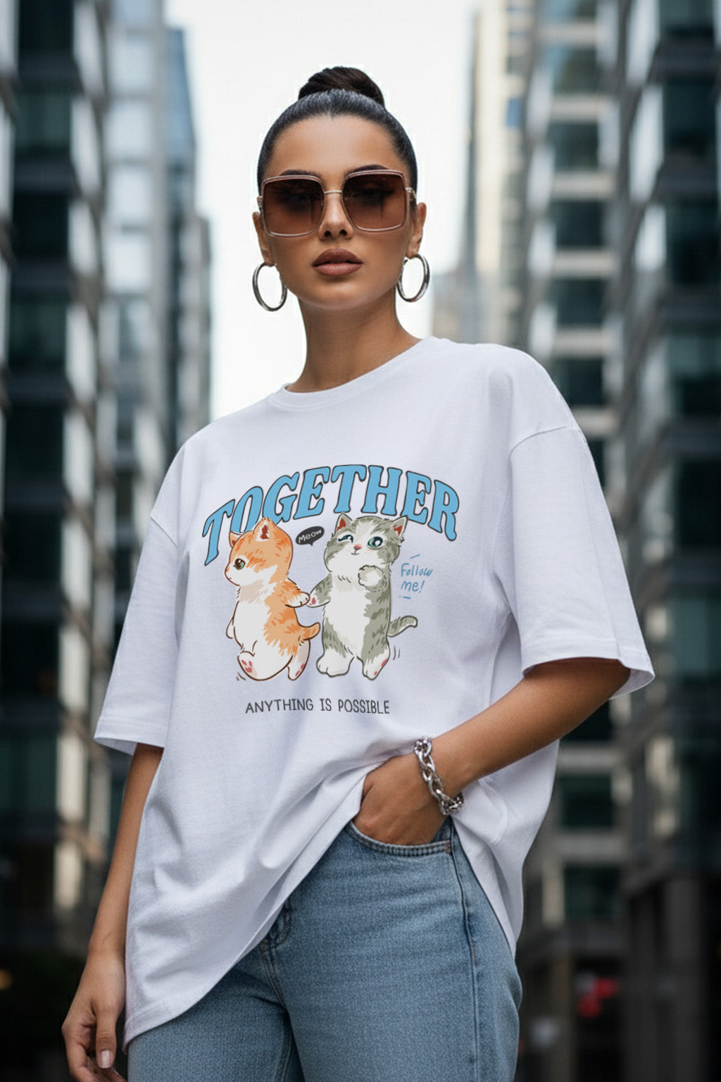Together White Oversized Graphic Printed T-Shirt