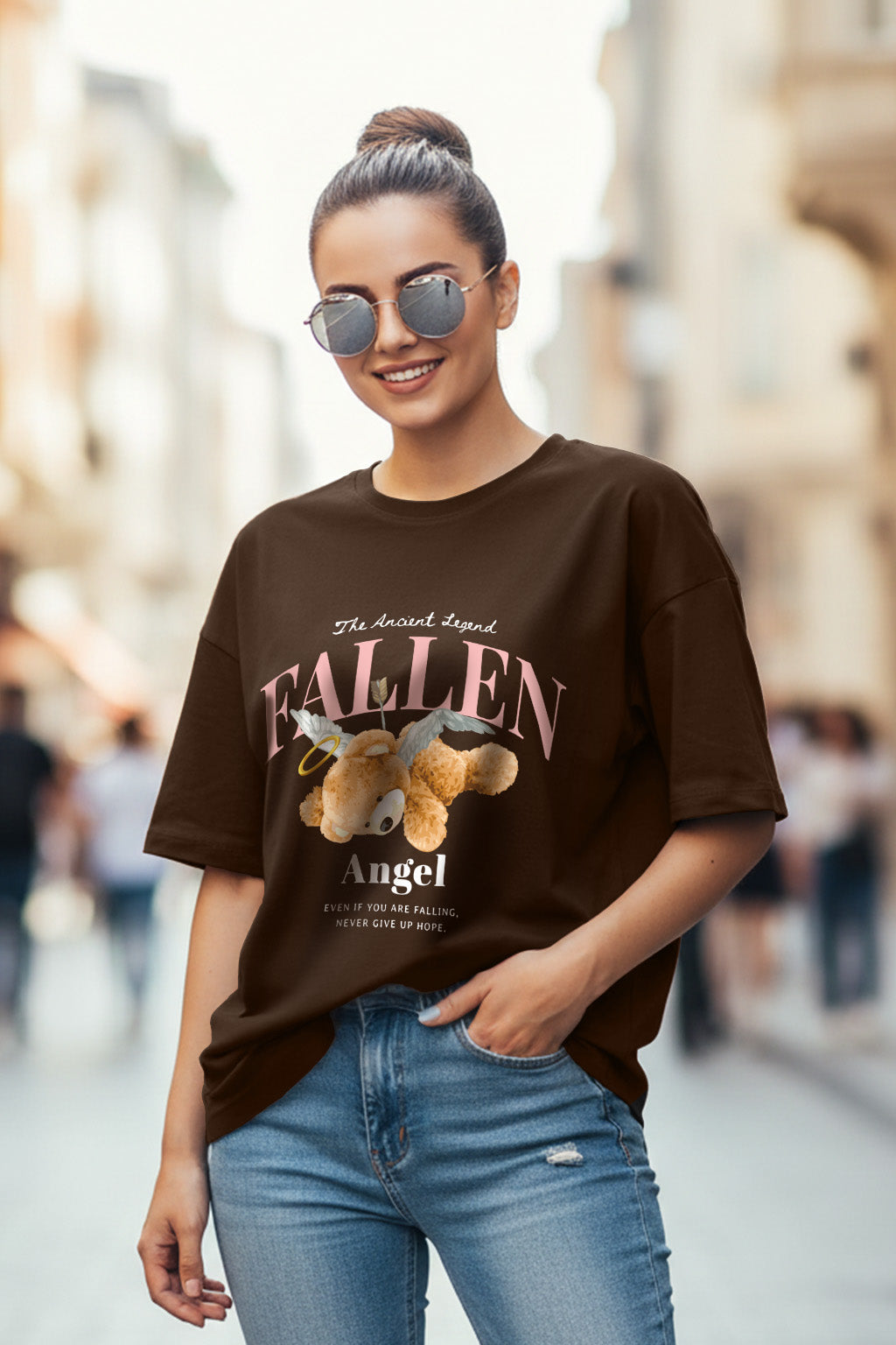 Fallen Angel Brwon Oversized Printed T-Shirt