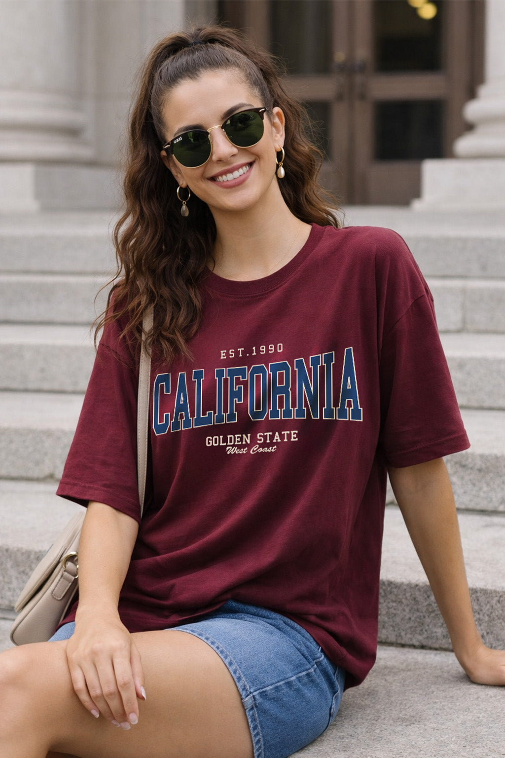 California Maroon Oversized Typographic T-Shirt
