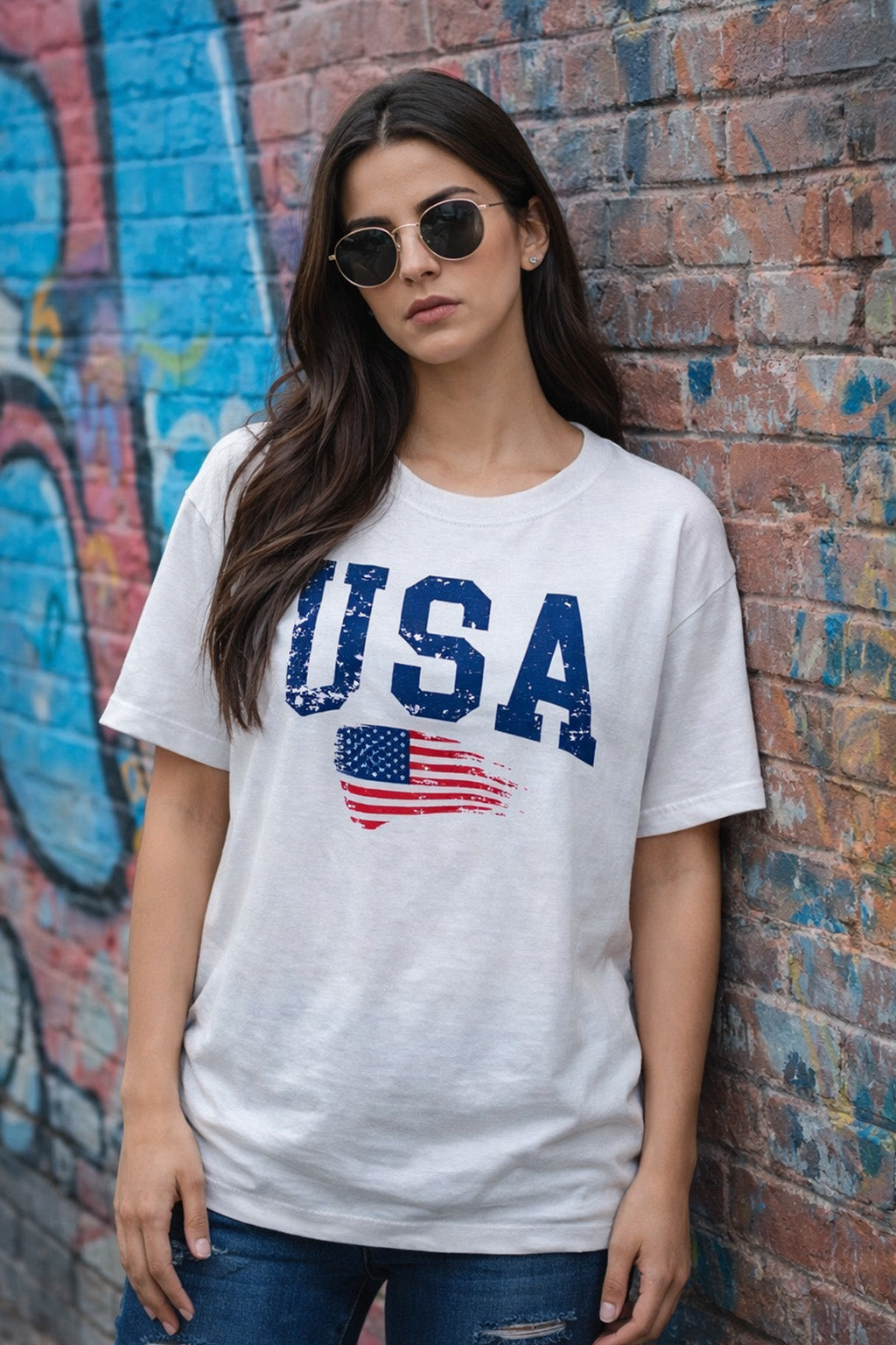USA White Graphic Printed Oversized T-Shirt
