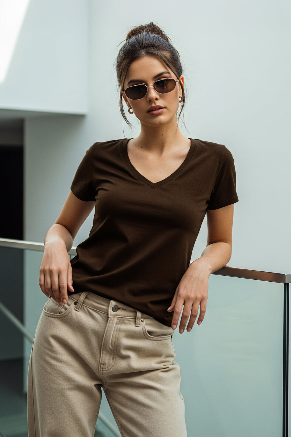 Brown Plain V-Neck Regular Fit T-Shirt