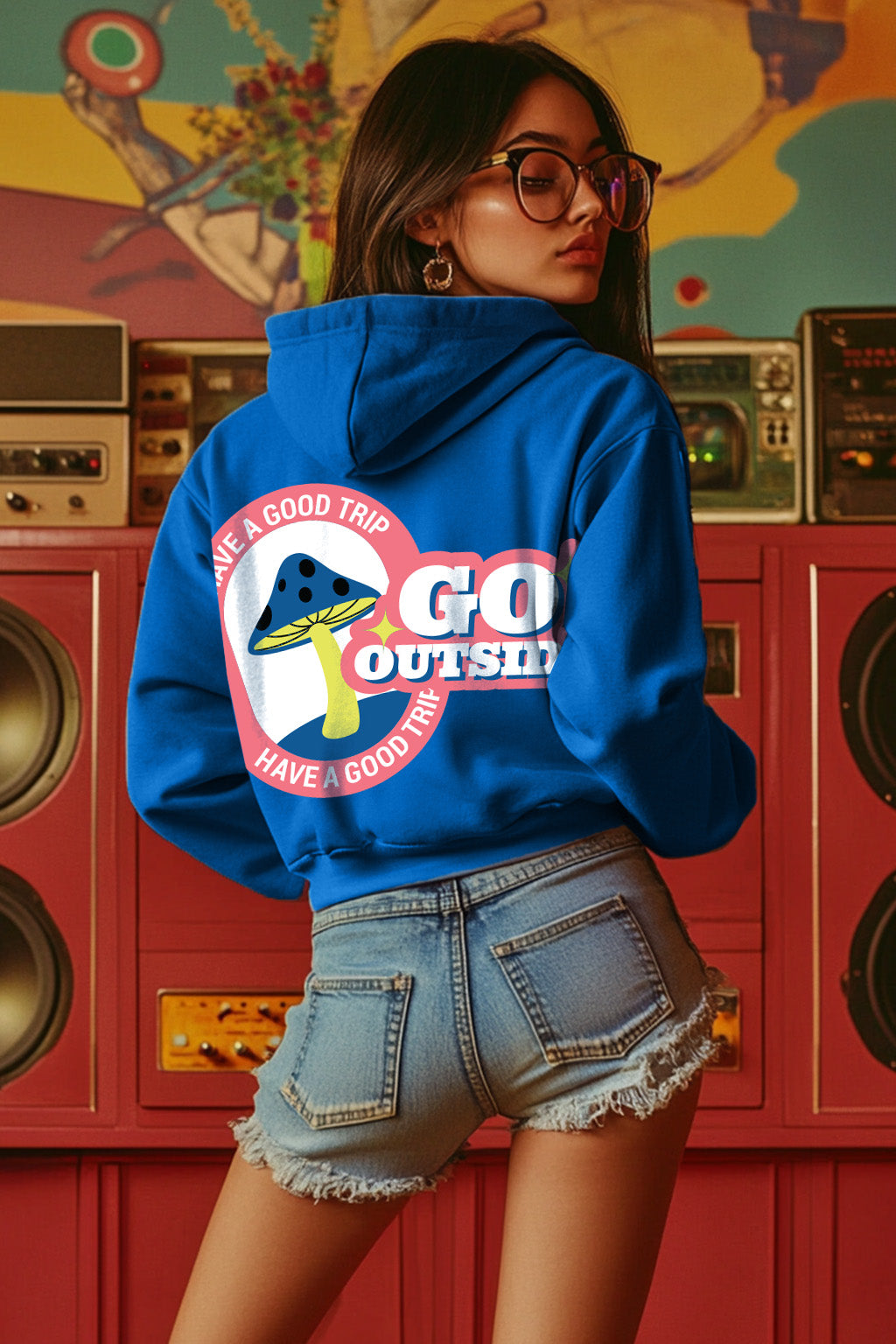 Go Outside Printed Blue Crop Hoodie