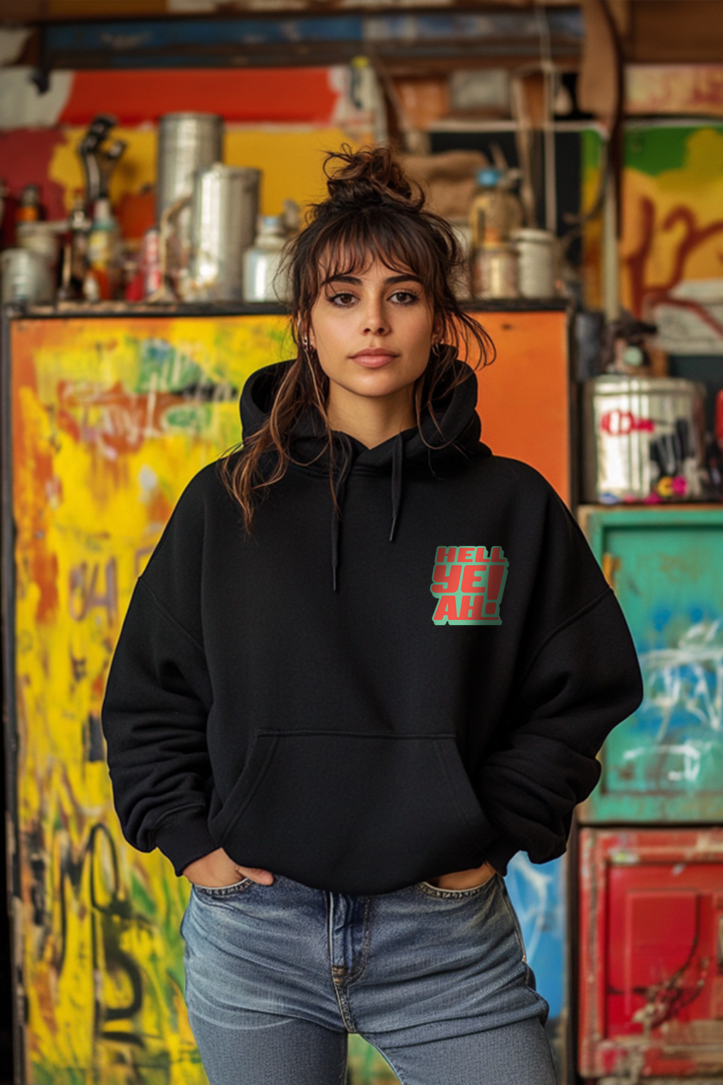 Hell Yeah Printed Black Oversized Hoodie