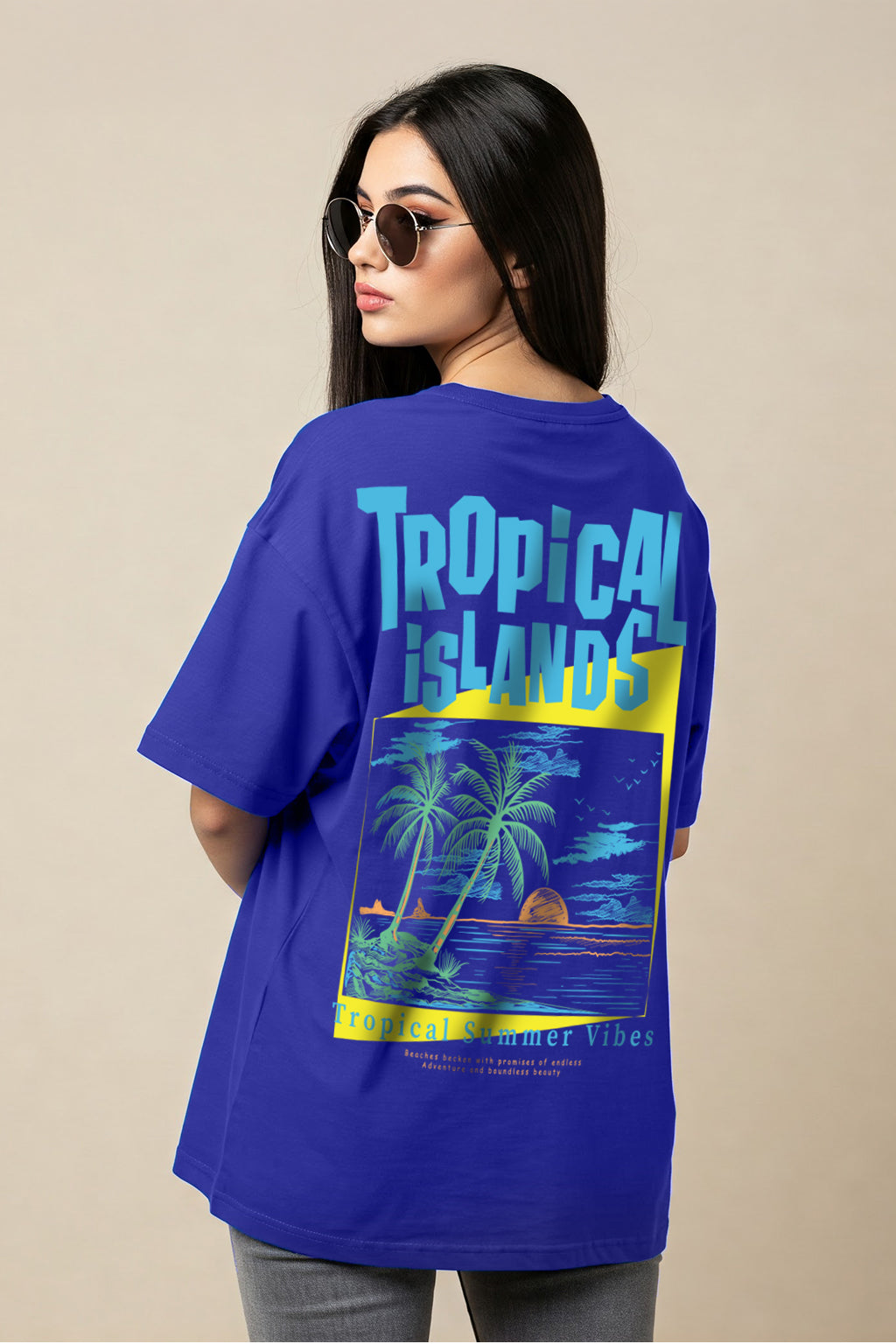 Tropical Island Royal Blue Oversized Fit Graphic T-Shirt