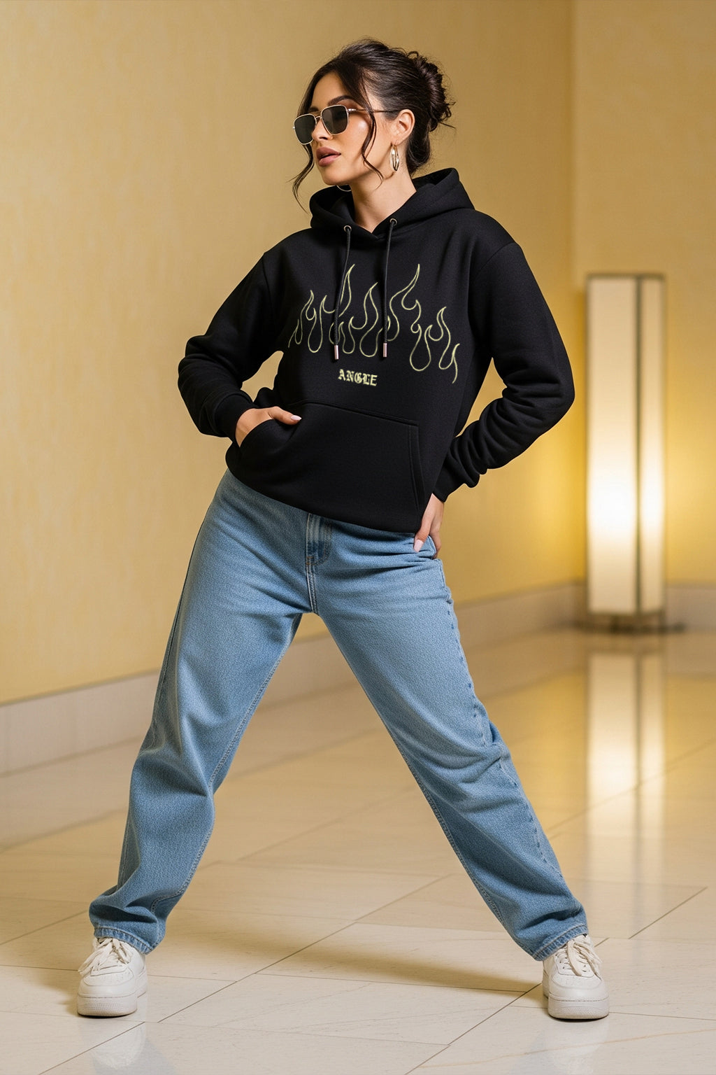 Angree Black Oversized Fit Graphic Hoodie