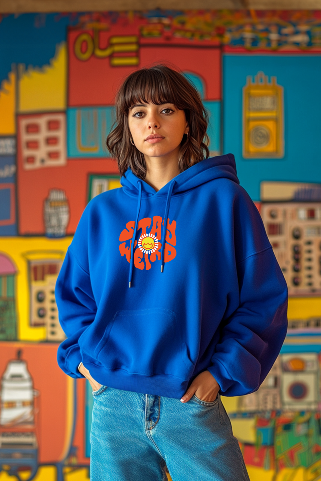 Stay Weird Blue Printed Oversized Hoodie