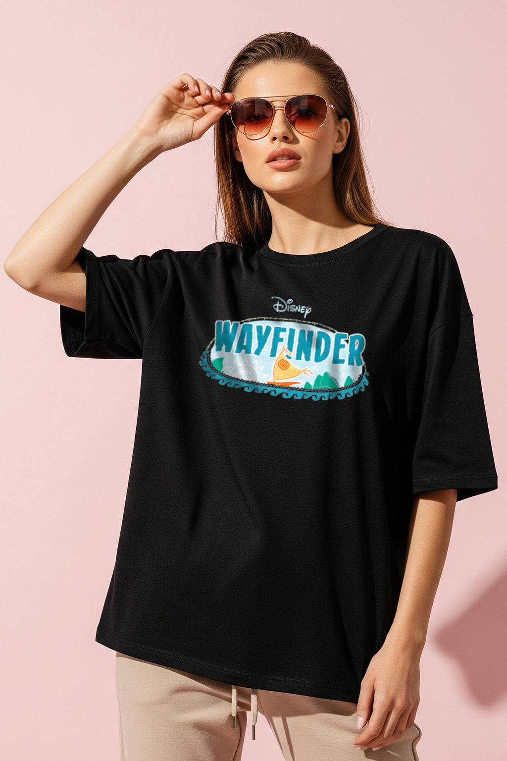 Moana Black Oversized Fit Graphic T-Shirt