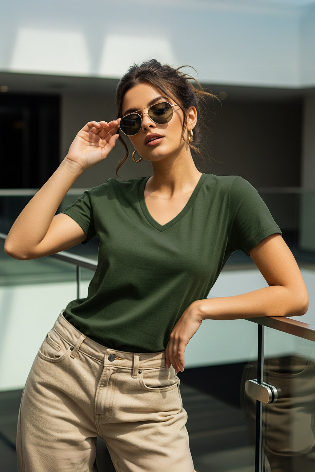Olive Plain V-Neck Regular Fit T-Shirt