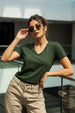 Olive Plain V-Neck Regular Fit T-Shirt