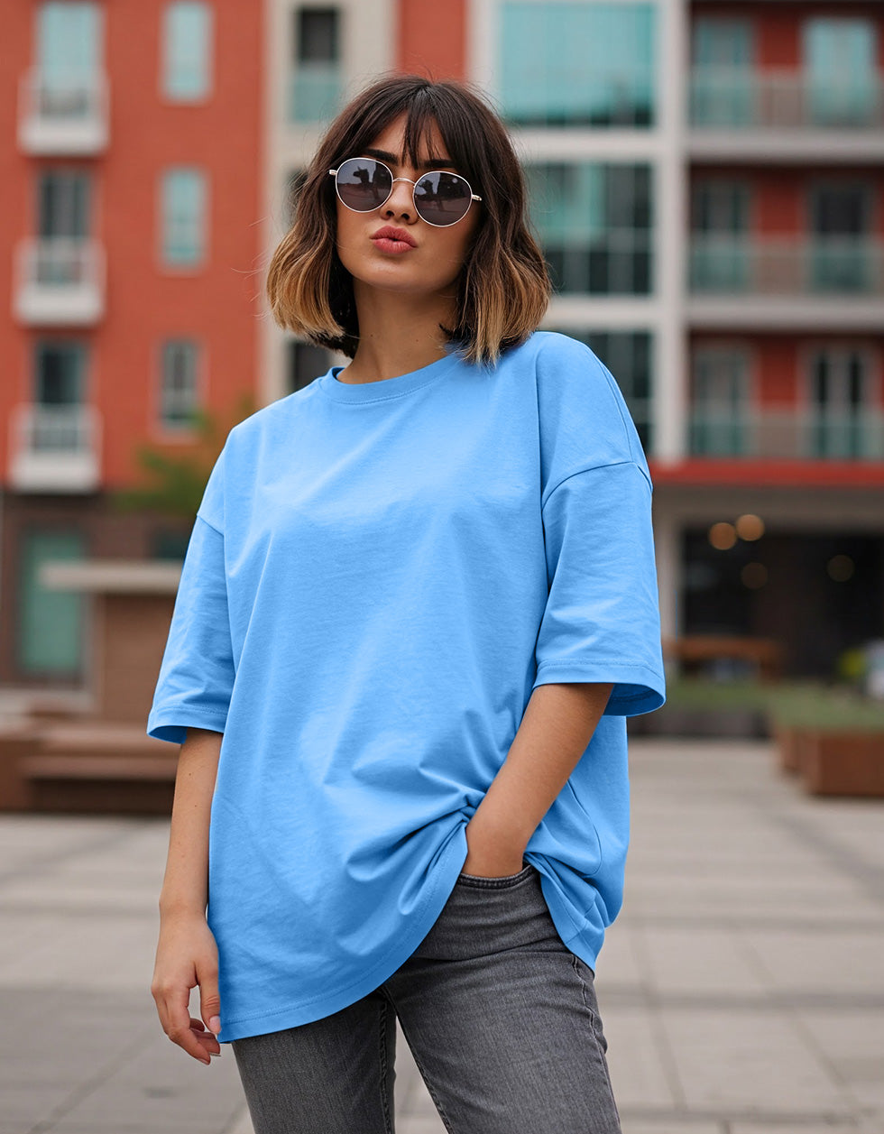 Azure Blue Plain Oversized T-Shirt