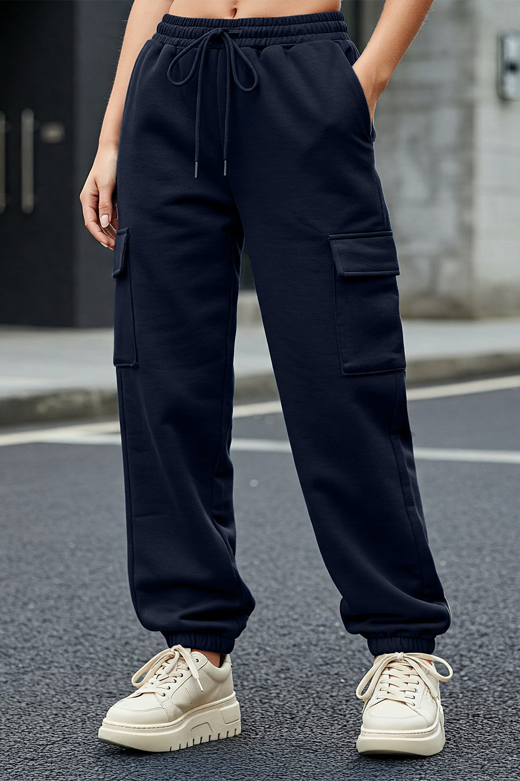 Navy Blue Plain Baggy Fit Cargo Jogger