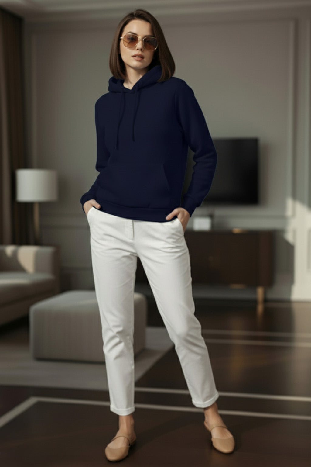 Navy Plain Spun Regular Fit Hoodie