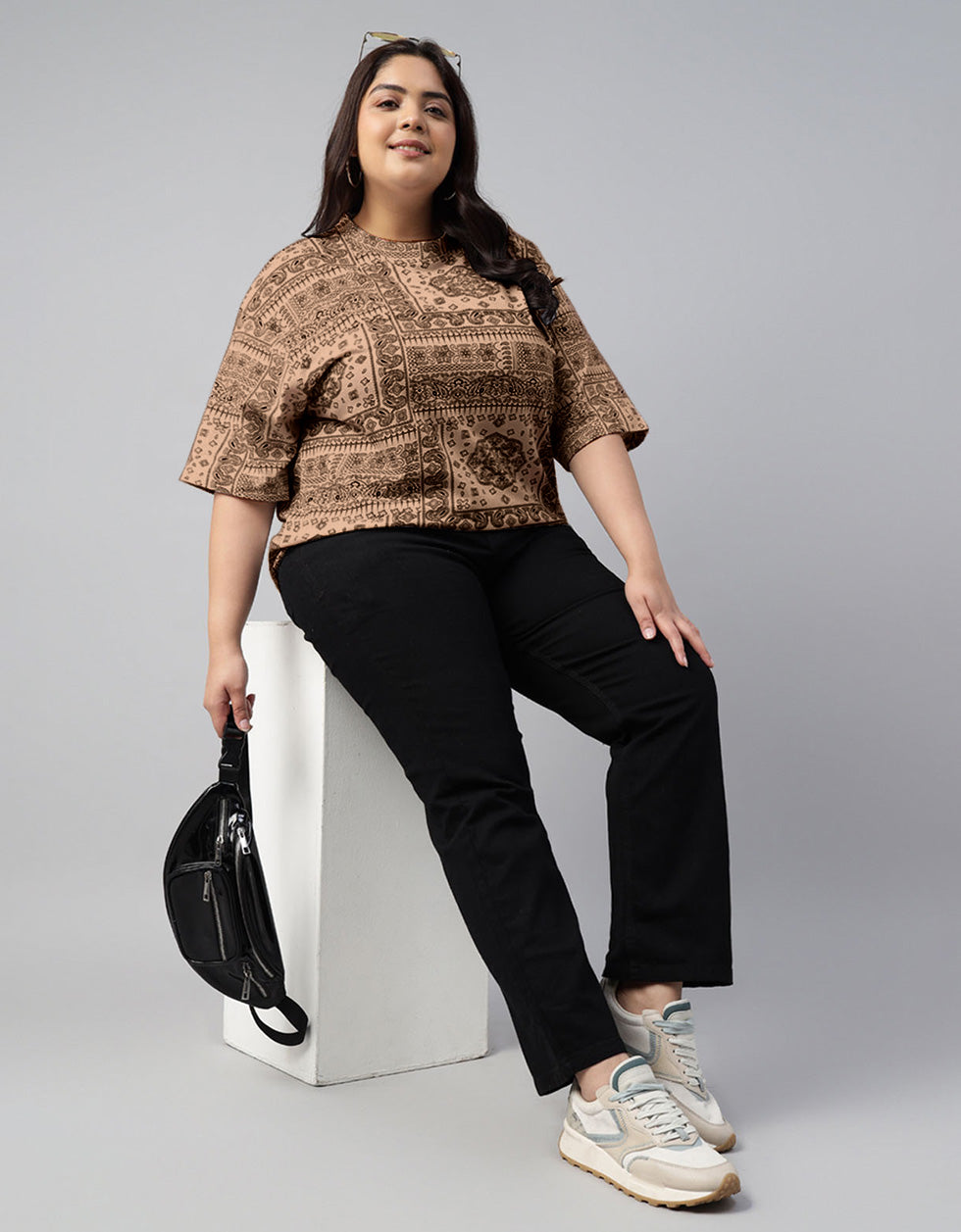 Paisley Beige Plus Size Oversized T-shirt