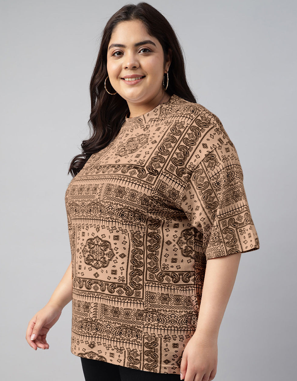 Paisley Beige Plus Size Oversized T-shirt