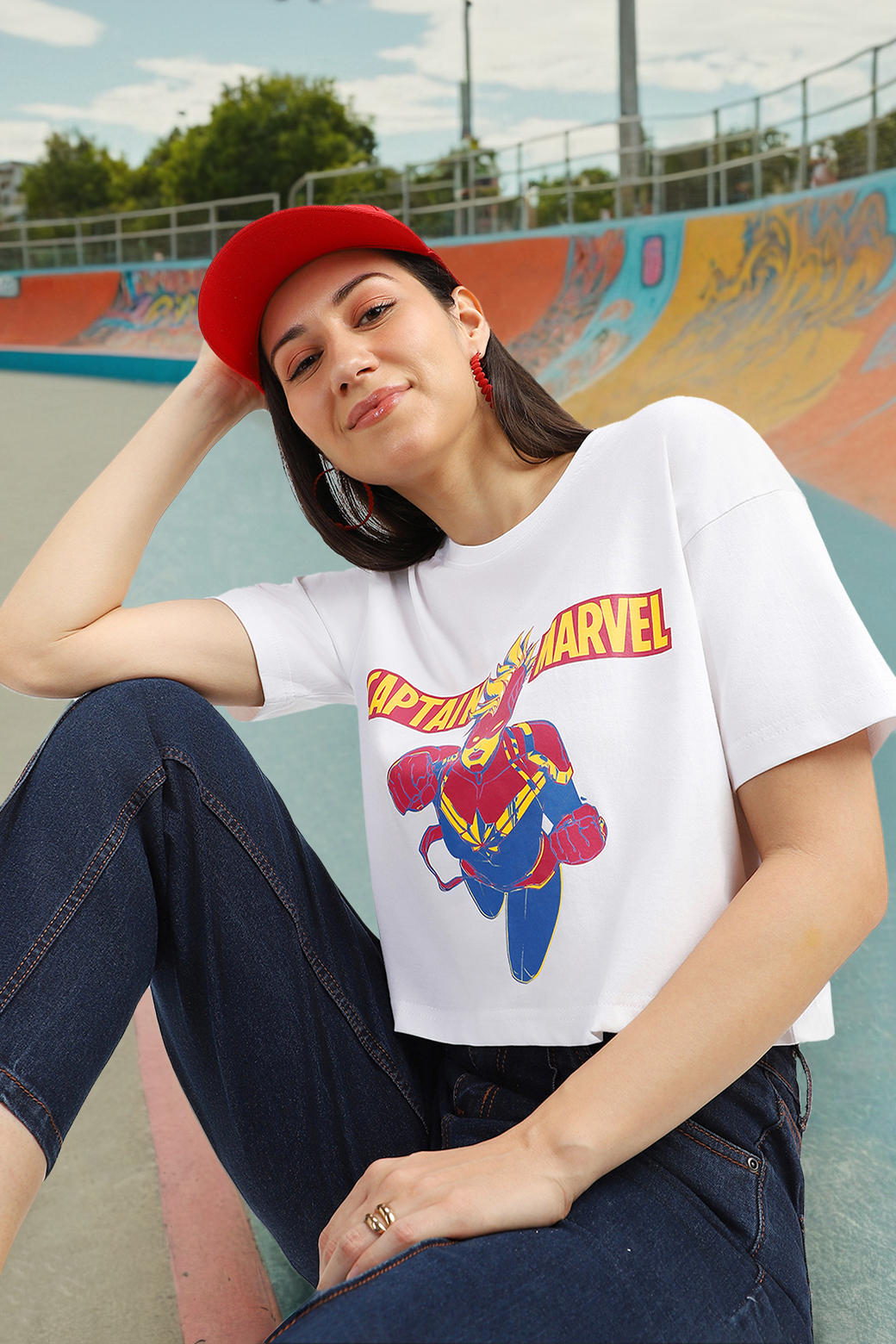 Captain Marvel White Graphic Print  Crop Top
