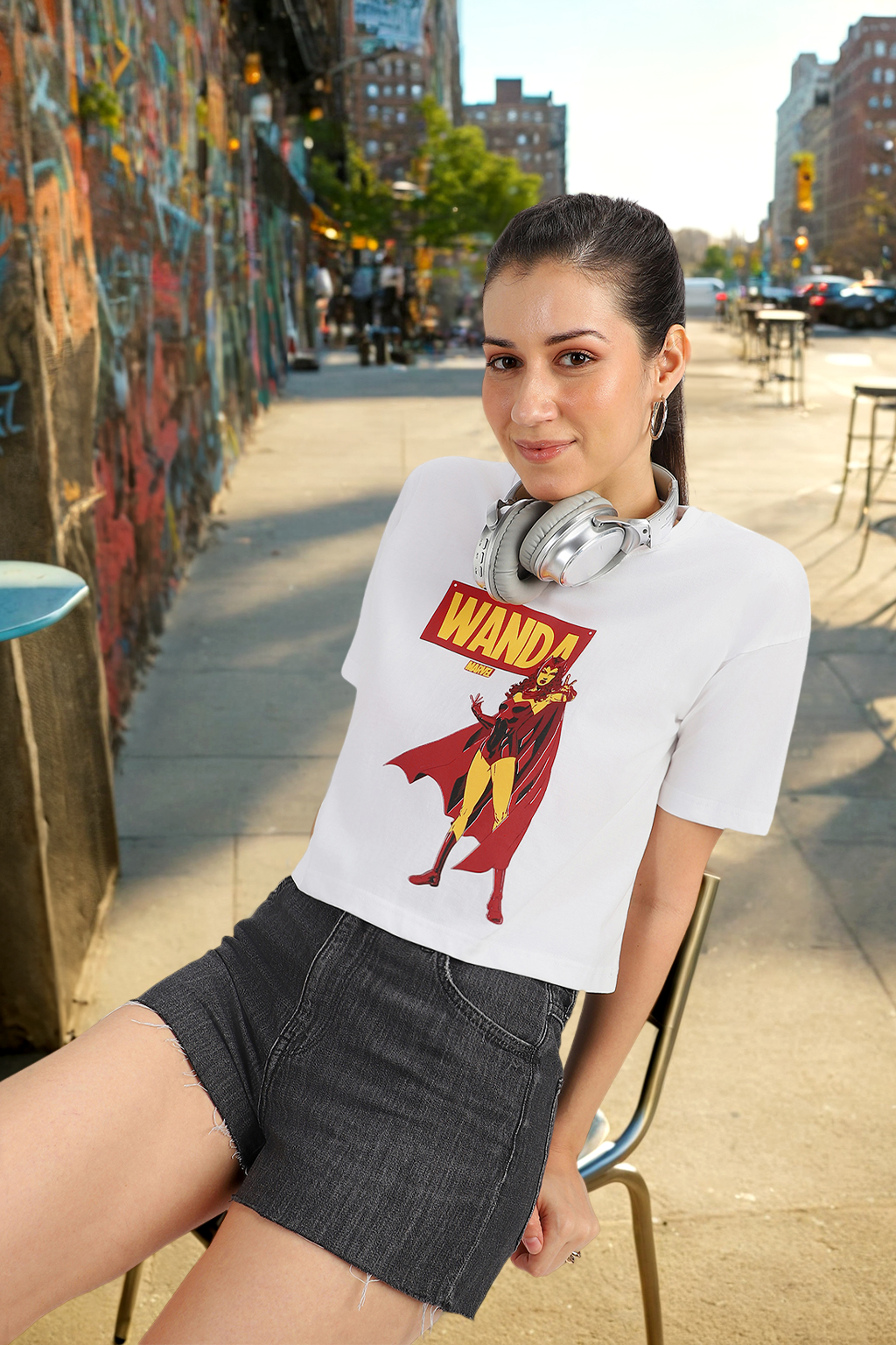 Wanda Marvel White Graphic Printed Crop-Top