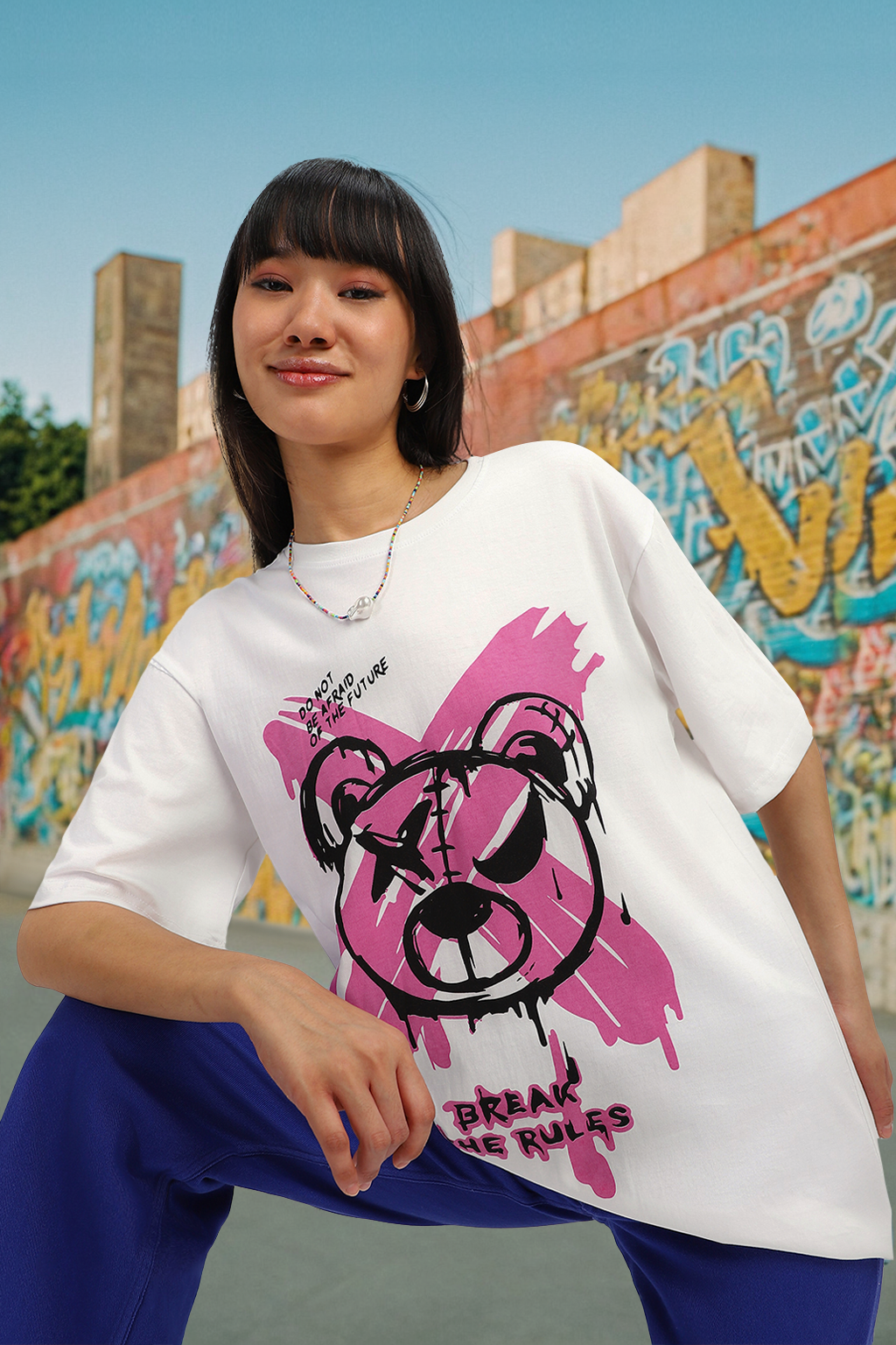 Break Rules White Graphic Printed Oversized T-Shirt