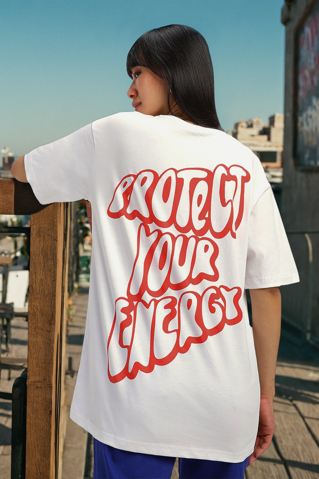 Protect Your Energy White Graphic Printed Oversized T-Shirt
