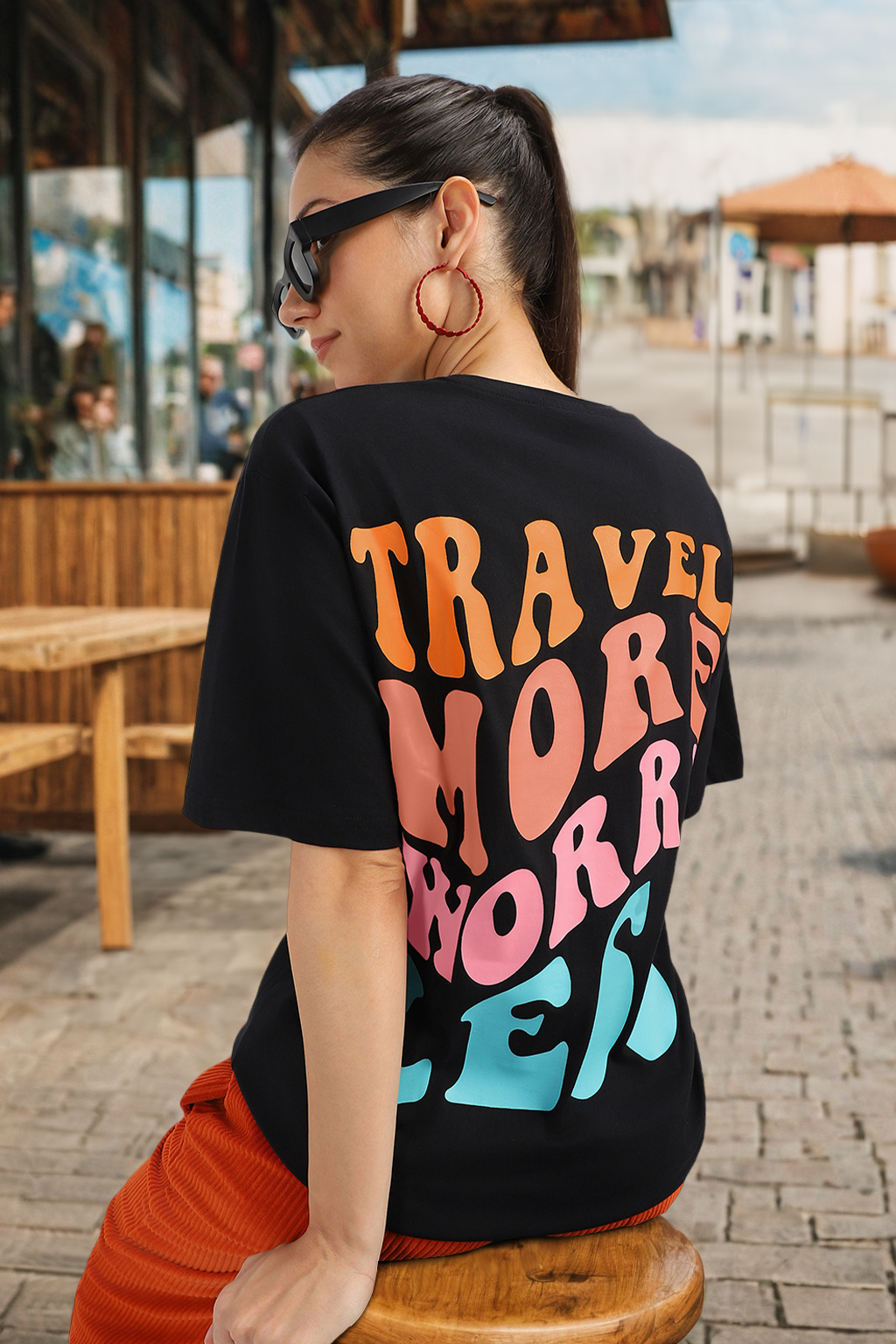 Travel More Black Graphic Printed Oversized T-Shirt