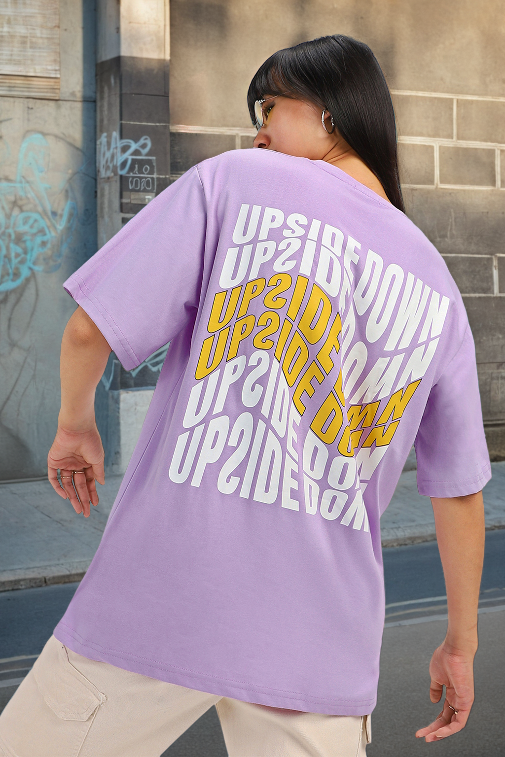 Upside Down Lilac Graphic Printed Oversized T-Shirt