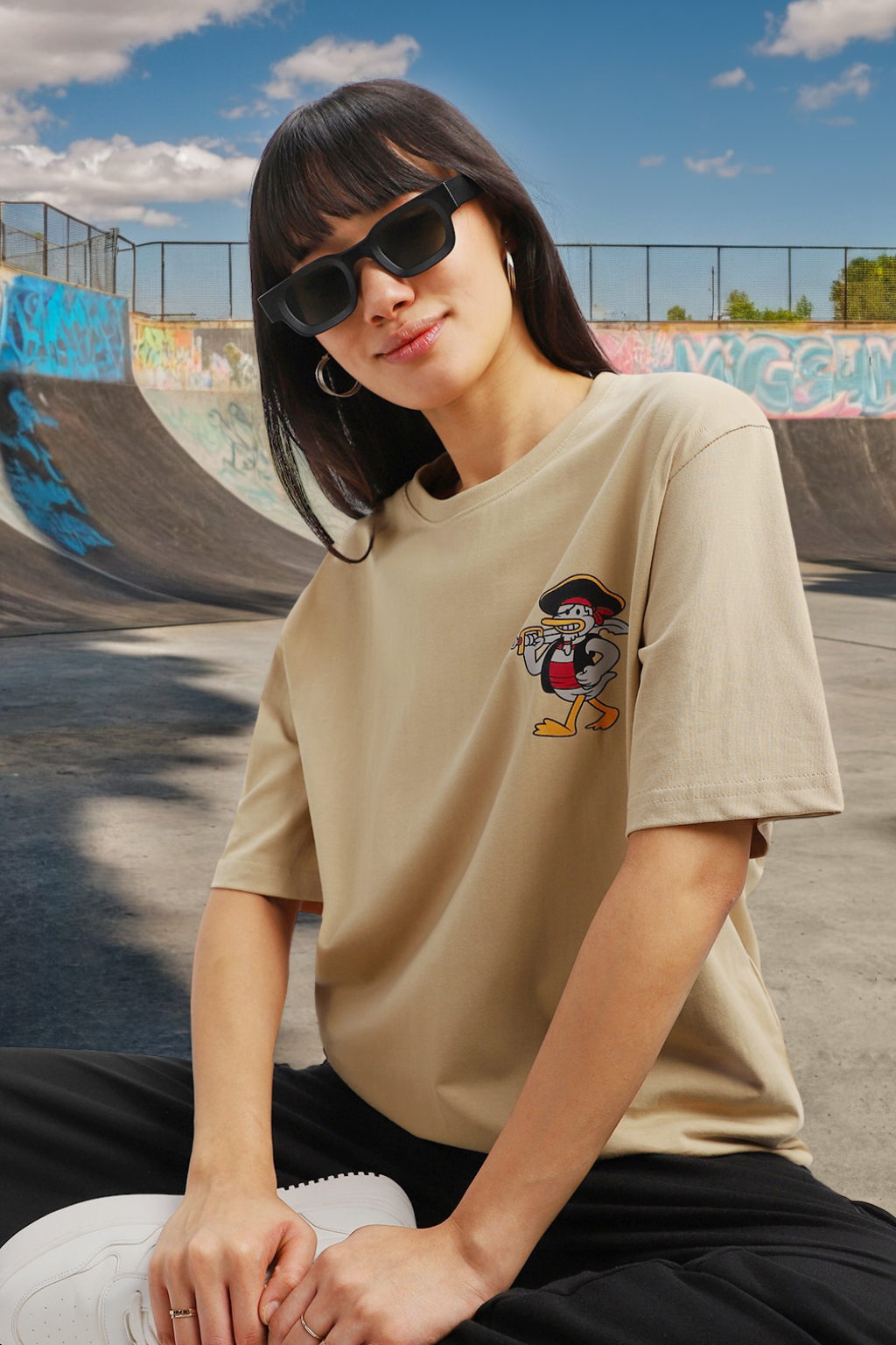 Duck Graphic Printed Beige Oversized T-Shirt
