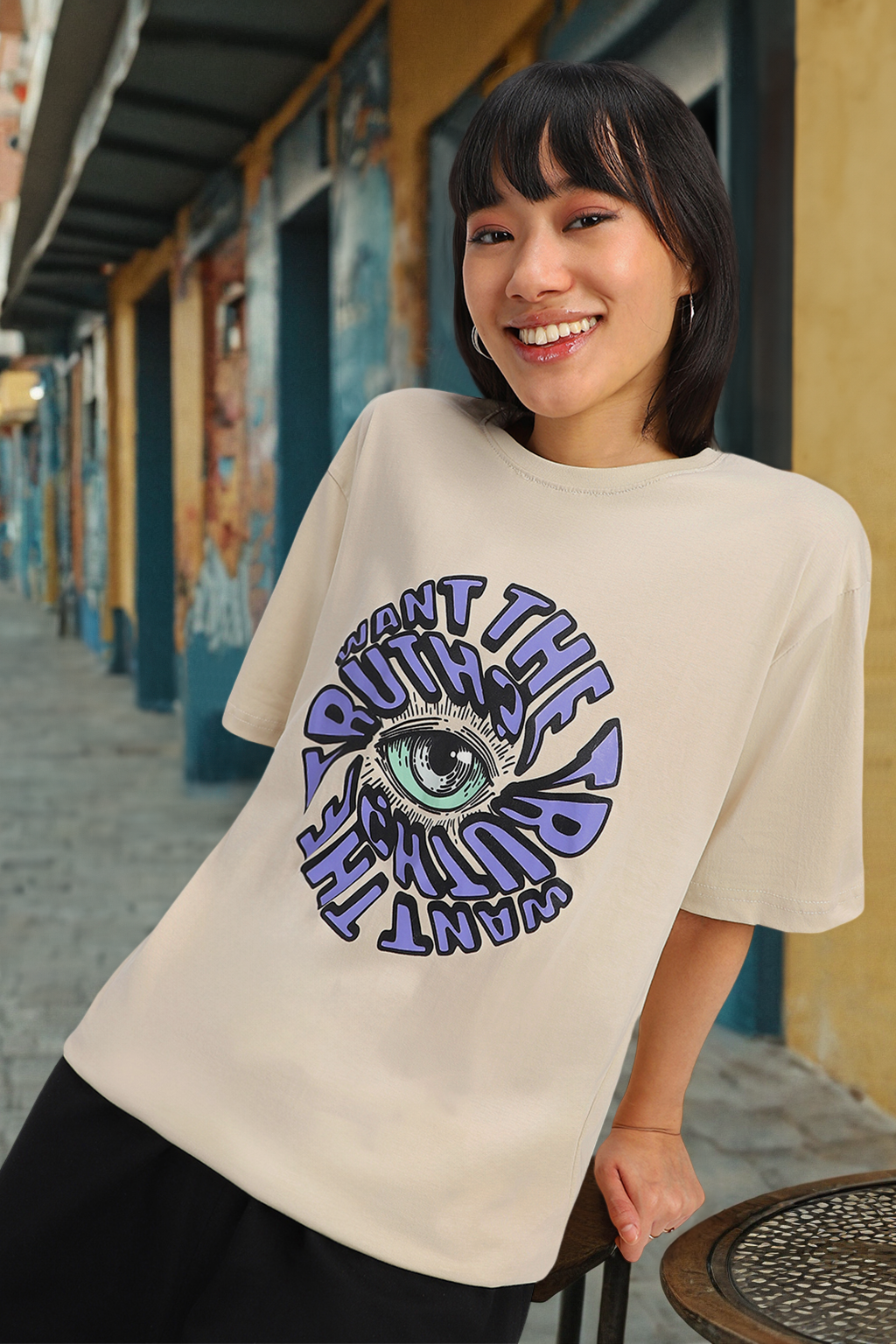 Want The Truth Beige Oversized Fit Graphic T-Shirt