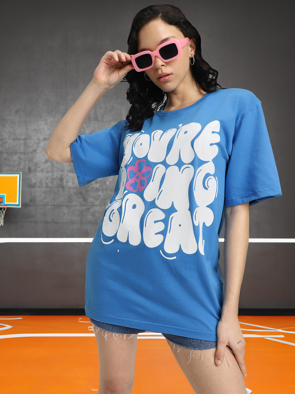 Doing Great Blue Oversized Typographic T-Shirt
