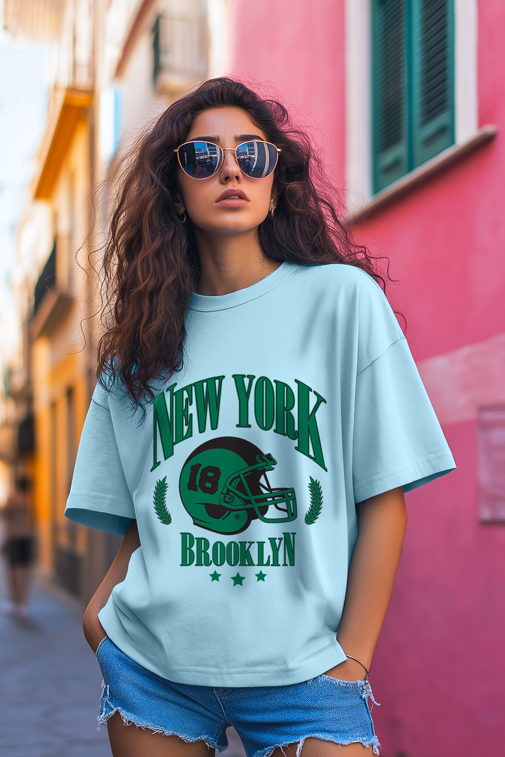 New York Brooklyn Ice Blue Oversized Graphic T-Shirt