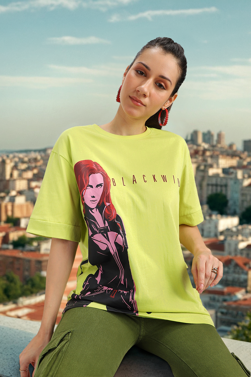 Black Widow Yellow Oversized Fit Graphic T-Shirt