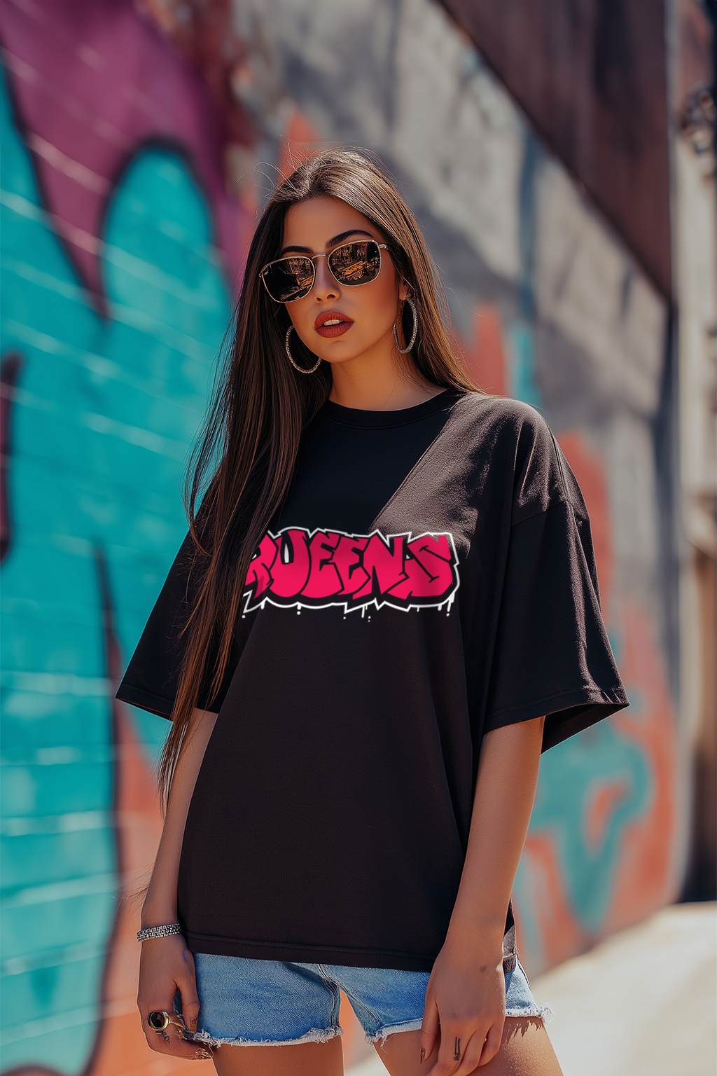Queens Black Oversized Graphic T-Shirt