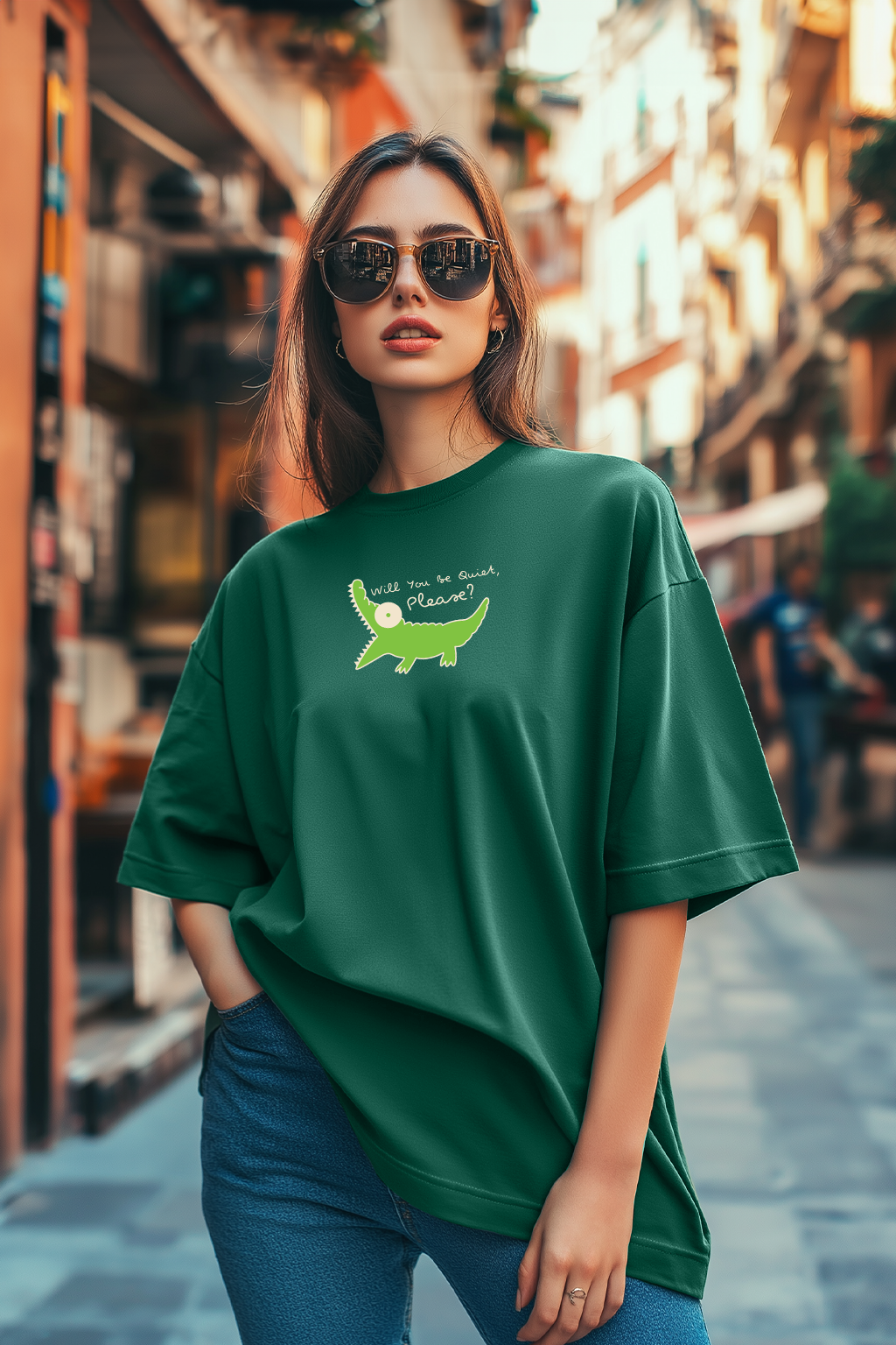 Quick Please Green Oversized Graphic T-Shirt