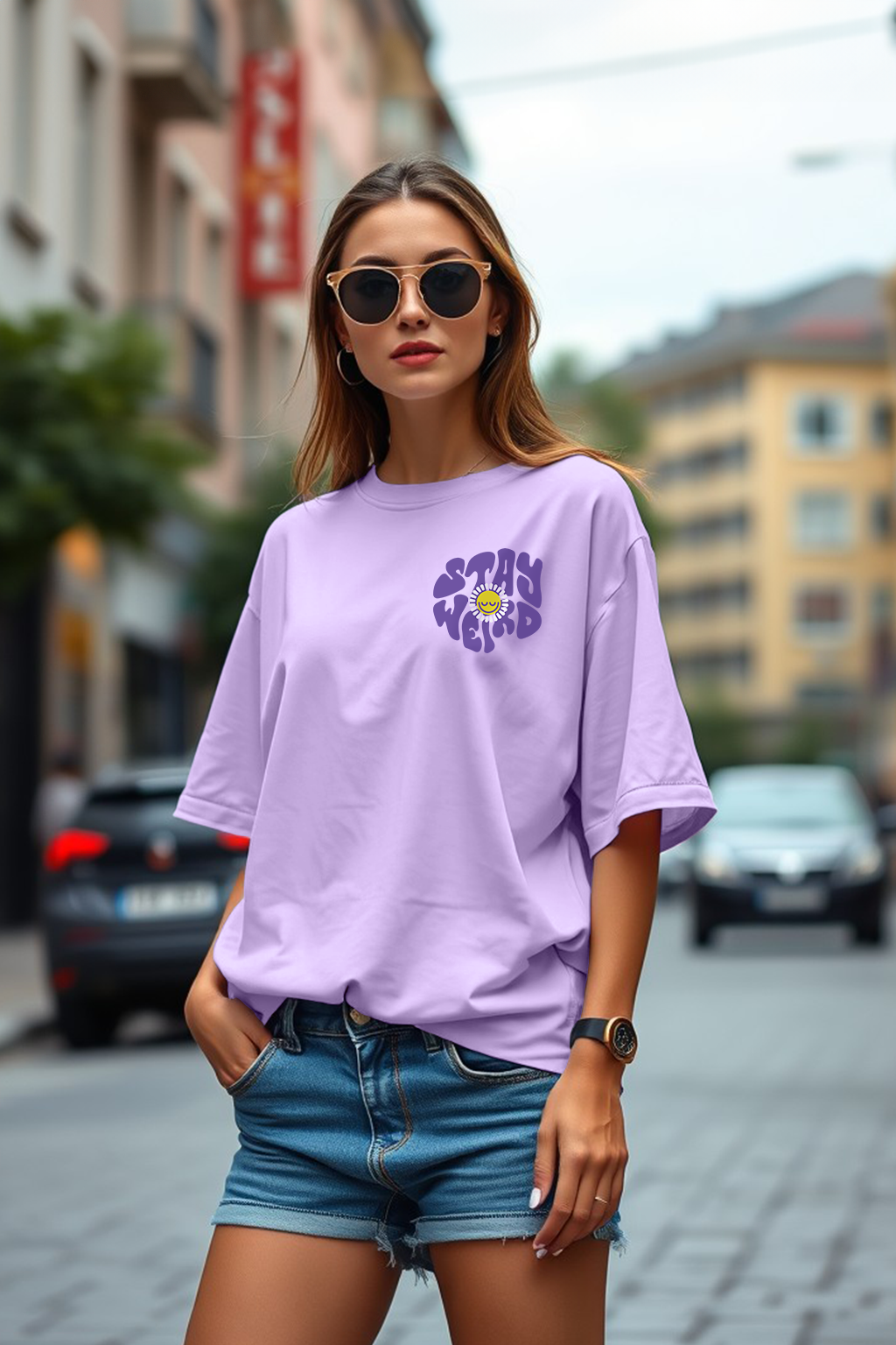 Stay Weird Graphic Printed Lilac Oversized T-Shirt