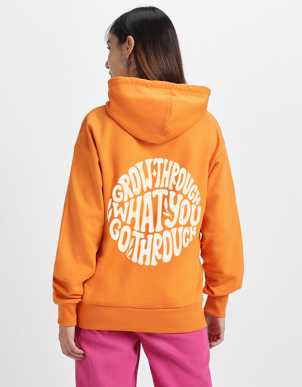 Go Through Graphic Back Printed Orange Regular Fit Hoodie