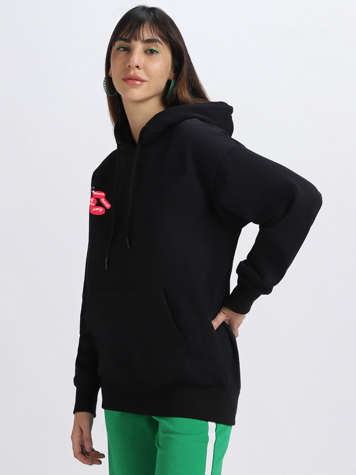 Mouth Black Regular Fit Back Printed Hoodie