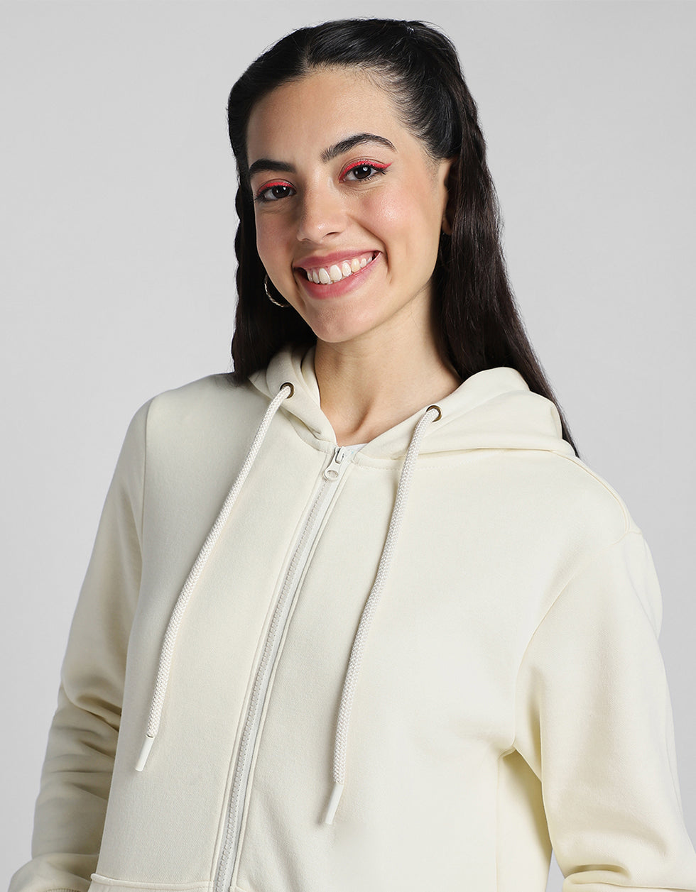 Plain Hooded Regular Fit Off White Zipper Jacket