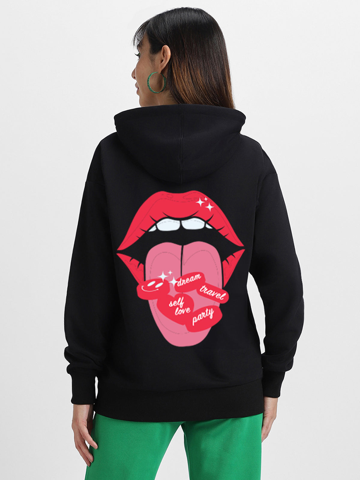 Mouth Black Regular Fit Back Printed Hoodie