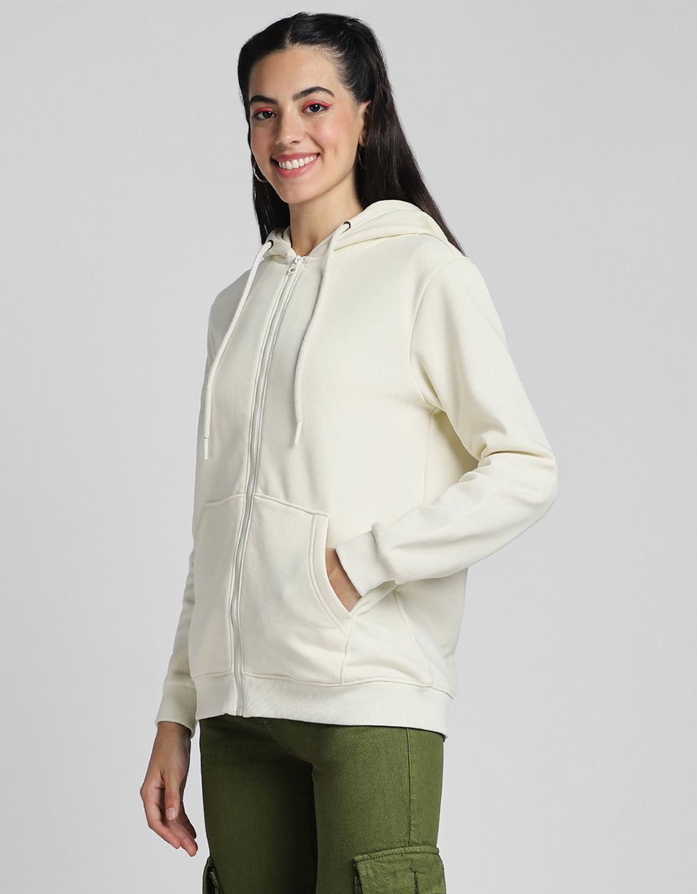 Plain Hooded Regular Fit Off White Zipper Jacket