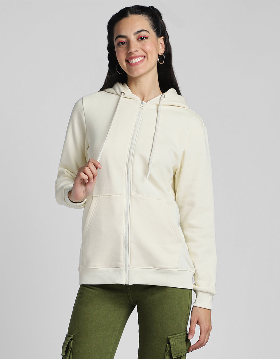 Plain Hooded Regular Fit Off White Zipper Jacket